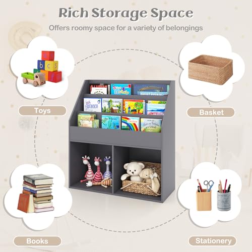Costzon Kids Bookshelf, Wooden Toy Storage Cabinet Organizer with Shelves & 2 Large Cubes, 2-in-1 Children Bookcase Display Sling Book Rack for Kids Room, Bedroom, Nursery, Kindergarten (Gray)