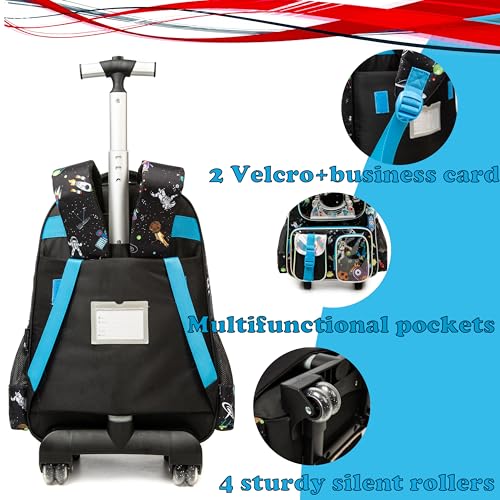 Egchescebo Kids Rolling Backpack for Boys Astronaut Suitcases Trolley Roller Luggage Backpacks on Wheels with Lunch Box Pencil Case for Elementary Multiple Function Pockets Travel School Bag Blue
