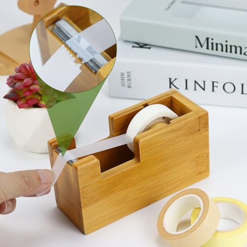 Multibey Natural Eco-Friendly Bamboo Wooden 1 Inch Core Desktop Adhesive Tape Dispenser Cutter with Tape Office School Gift Idea (Bamboo)