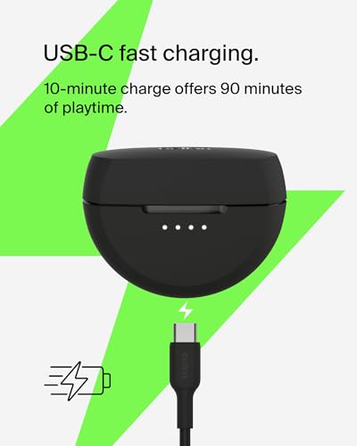Belkin SoundForm Rhythm True Wireless Earbuds with Built-in Microphone, USB-C Fast Charging, 28H Battery Life, IPX5 Water Resistance - Bluetooth Earbuds for iPhone, iPad, Galaxy, Pixel, & More - Black