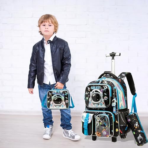 Egchescebo Kids Rolling Backpack for Boys Astronaut Suitcases Trolley Roller Luggage Backpacks on Wheels with Lunch Box Pencil Case for Elementary Multiple Function Pockets Travel School Bag Blue