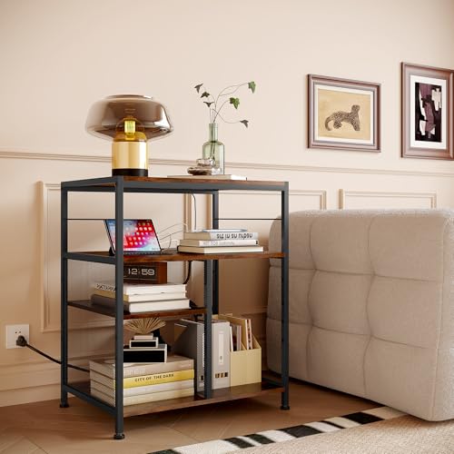 superbpag Printer Stand, 4 Tier Printer Table with Power Outlets and USB Charging Port, Adjustable Storage Shelf for Printer Scanner Fax CPU Shredder Use, 21.7" W x 15.7" D x 26.5" H, Rustic Brown