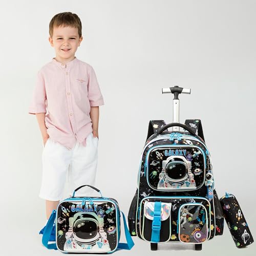 Egchescebo Kids Rolling Backpack for Boys Astronaut Suitcases Trolley Roller Luggage Backpacks on Wheels with Lunch Box Pencil Case for Elementary Multiple Function Pockets Travel School Bag Blue