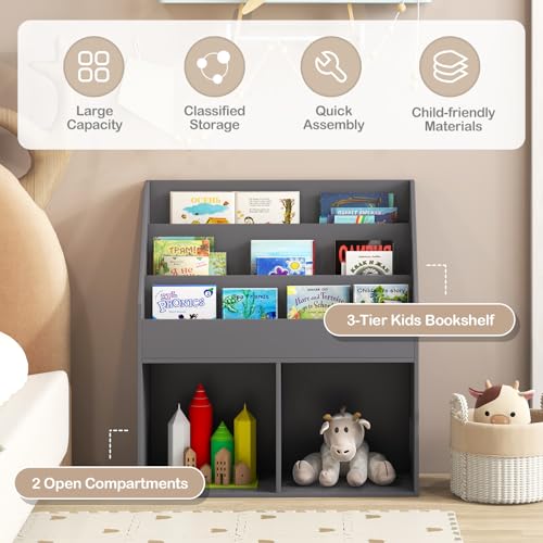 Costzon Kids Bookshelf, Wooden Toy Storage Cabinet Organizer with Shelves & 2 Large Cubes, 2-in-1 Children Bookcase Display Sling Book Rack for Kids Room, Bedroom, Nursery, Kindergarten (Gray)