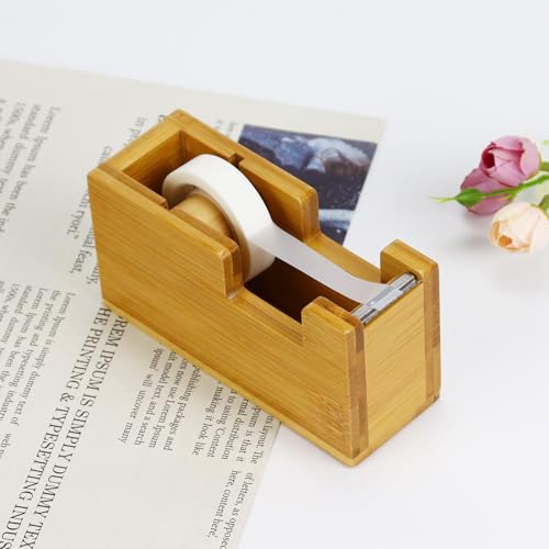 Multibey Natural Eco-Friendly Bamboo Wooden 1 Inch Core Desktop Adhesive Tape Dispenser Cutter with Tape Office School Gift Idea (Bamboo)
