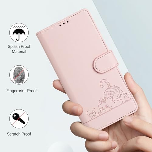 Compatible with Apple iPhone 15 Phone Case Emboss Cat PU Leather Wallet Phone Case RFID Protection 3 Credit Card Slot Kickstand Wrist Strap Pink