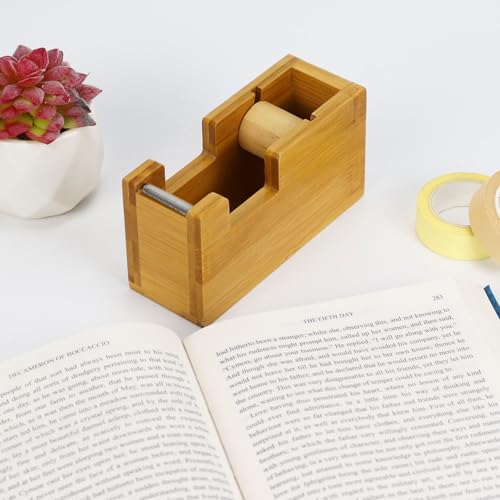 Multibey Natural Eco-Friendly Bamboo Wooden 1 Inch Core Desktop Adhesive Tape Dispenser Cutter with Tape Office School Gift Idea (Bamboo)