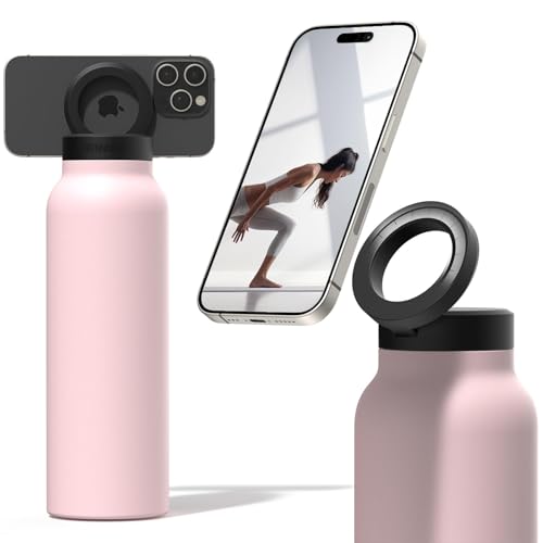Ringo Insulated Water Bottle - Compatible MagSafe Water Bottle w/Phone Holder - Stainless Steel School Water Bottle w/Magnetic Phone Mount for Kids & Adult- Hot 12H, Cold 24H 360° Rotate - Pink 24oz
