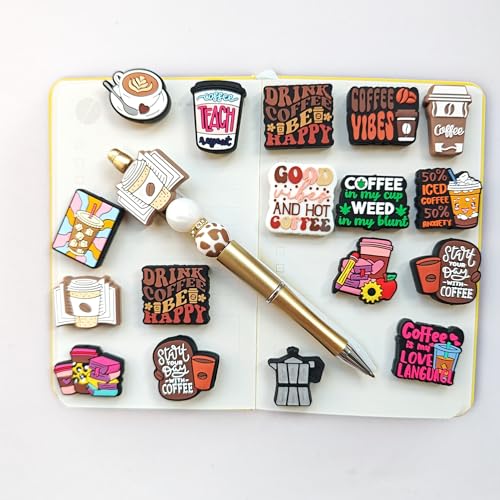 JNWHY Silicone Focal Beads for Pens Bulk Keychain Making Kit Colorful Focals with Characters Pattern DIY Gift Art Craft (Coffee Theme)