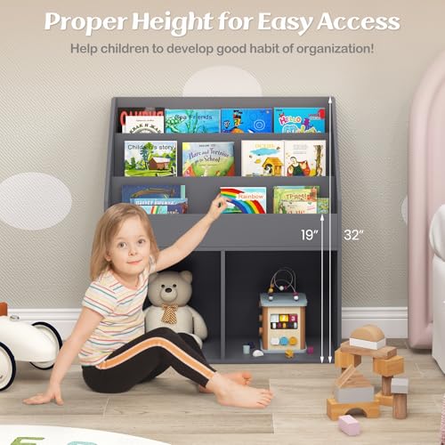 Costzon Kids Bookshelf, Wooden Toy Storage Cabinet Organizer with Shelves & 2 Large Cubes, 2-in-1 Children Bookcase Display Sling Book Rack for Kids Room, Bedroom, Nursery, Kindergarten (Gray)