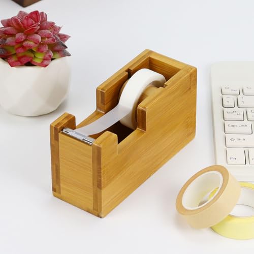 Multibey Natural Eco-Friendly Bamboo Wooden 1 Inch Core Desktop Adhesive Tape Dispenser Cutter with Tape Office School Gift Idea (Bamboo)