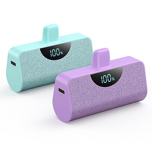 [2 Pack] Mini Portable Charger for iPhone 5200mAh, 20W PD Fast Charging Power Bank, LCD Display Battery Pack Portable Phone Charger for iPhone 14/14 Pro Max/13/12/11/XR/8/7/6 Mint Green+Lavender