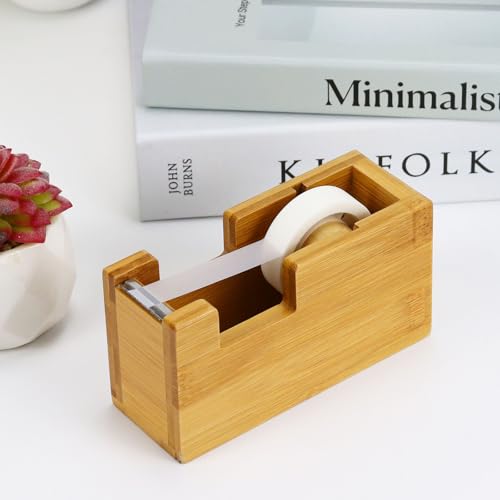 Multibey Natural Eco-Friendly Bamboo Wooden 1 Inch Core Desktop Adhesive Tape Dispenser Cutter with Tape Office School Gift Idea (Bamboo)