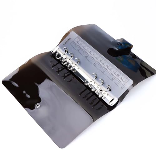 A6 Binder Cover Personal 6 Ring Binder Black Soft PVC Planner Protector with Snap Button Closure Loose Leaf Folder