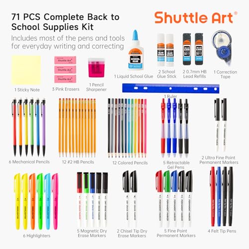 71 Pack School Supplies Kit, Shuttle Art Back to School Supplies for Teachers, Middle High Schools, College School Supplies with Highlighters, Pencils, Gel Pens, Dry Erase Markers, Felt Tip Pens, Glue