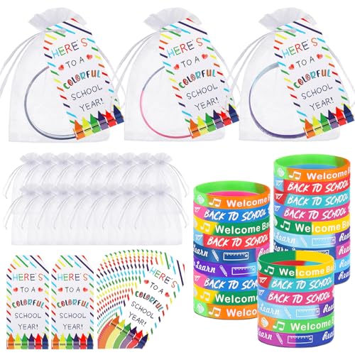 Liliful 24 Set School Rubber Bracelet Welcome Back to School Gift Set with Rubber Bracelet Organza Bags and Gift Label Tags First Day of School Classroom Gifts Goodie Bag Fillers (Dark Color)