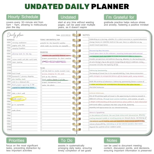 Undated Daily Planner With Hourly Schedule, To Do List Spiral Notebook, Easily Organize Your Work Tasks And Appointments, Perfect School Or Office Supplies For Organizing & Planning, 7.5"x10", Green