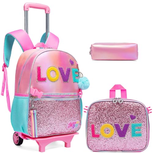 Oruiji Rolling Backpack for Girls Cute Pink Backpack with Wheels Girls Backpack with Lunch Box Set Wheeled Backpack for Girls Kids Suitcase for Girls 3 in 1 Back to School Supplies