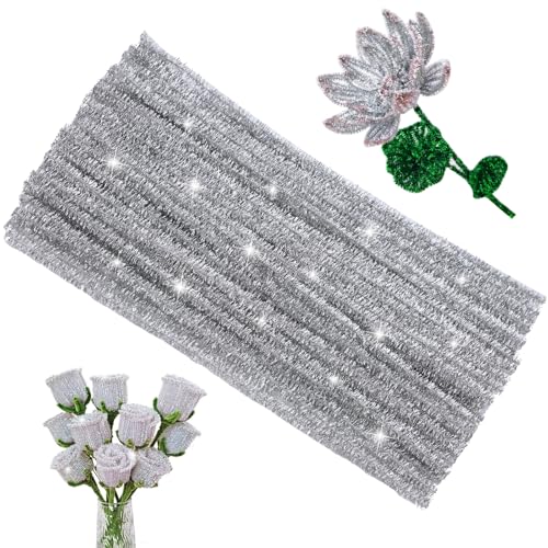 ZXIIXZ 100 Pcs Pipe Cleaners, Glitter Pipe Cleaners Craft Supplies, Creative Craft Pipe Cleaners Bulk for Art DIY Crafts Decorations/Glitter Silver