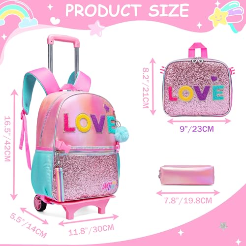 Oruiji Rolling Backpack for Girls Cute Pink Backpack with Wheels Girls Backpack with Lunch Box Set Wheeled Backpack for Girls Kids Suitcase for Girls 3 in 1 Back to School Supplies