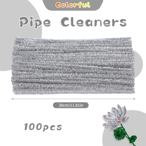 ZXIIXZ 100 Pcs Pipe Cleaners, Glitter Pipe Cleaners Craft Supplies, Creative Craft Pipe Cleaners Bulk for Art DIY Crafts Decorations/Glitter Silver