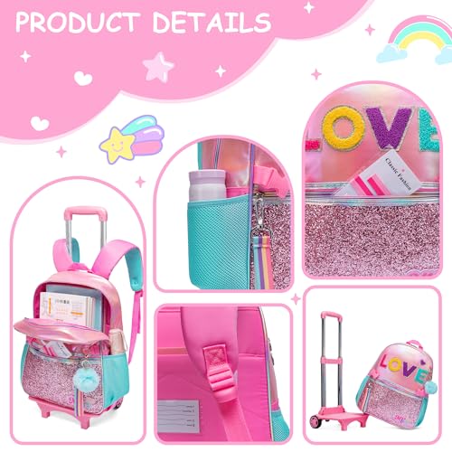 Oruiji Rolling Backpack for Girls Cute Pink Backpack with Wheels Girls Backpack with Lunch Box Set Wheeled Backpack for Girls Kids Suitcase for Girls 3 in 1 Back to School Supplies