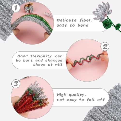 ZXIIXZ 100 Pcs Pipe Cleaners, Glitter Pipe Cleaners Craft Supplies, Creative Craft Pipe Cleaners Bulk for Art DIY Crafts Decorations/Glitter Silver