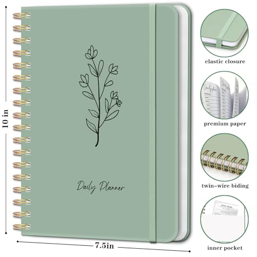 Undated Daily Planner With Hourly Schedule, To Do List Spiral Notebook, Easily Organize Your Work Tasks And Appointments, Perfect School Or Office Supplies For Organizing & Planning, 7.5"x10", Green
