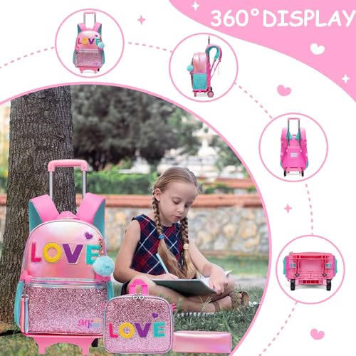 Oruiji Rolling Backpack for Girls Cute Pink Backpack with Wheels Girls Backpack with Lunch Box Set Wheeled Backpack for Girls Kids Suitcase for Girls 3 in 1 Back to School Supplies