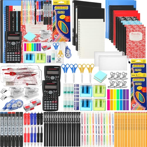 Gilprop 2 Sets Back to School Supplies Kit School Essentials Include Pencils Ballpoint Pens Notebooks Folders Sharpener Erasers Scissors Stapler Calculator Markers Highlighter for Middle High School