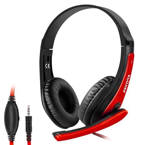 KLOJIM Wired Headphone for PC/Laptop - On-Ear Headphones with Mic, Adjustable Headband - 3.5mm Headphones for Computer/Cell Phones/Home/School (Red)