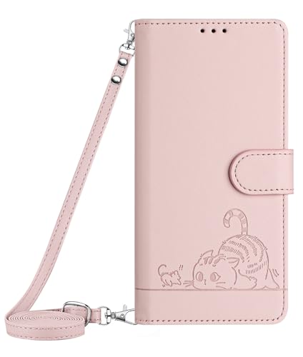 NVWA Phone Case for Motorola Edge 2023 / Edge 40 5G Emboss Cat PU Leather Wallet Cases RFID Protection 3 Credit Card Slot Kickstand Wrist Strap Crossbody Lanyard Pink