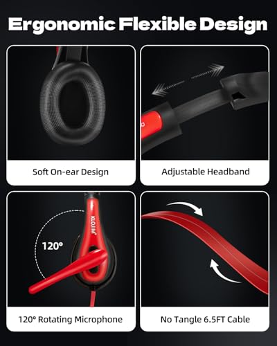 KLOJIM Wired Headphone for PC/Laptop - On-Ear Headphones with Mic, Adjustable Headband - 3.5mm Headphones for Computer/Cell Phones/Home/School (Red)