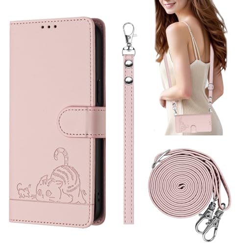 NVWA Phone Case for Motorola Edge 2023 / Edge 40 5G Emboss Cat PU Leather Wallet Cases RFID Protection 3 Credit Card Slot Kickstand Wrist Strap Crossbody Lanyard Pink