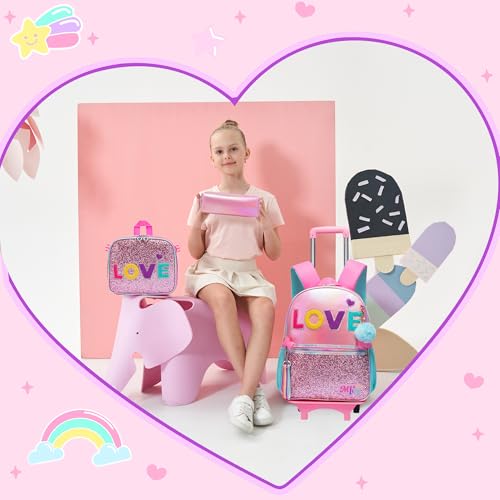 Oruiji Rolling Backpack for Girls Cute Pink Backpack with Wheels Girls Backpack with Lunch Box Set Wheeled Backpack for Girls Kids Suitcase for Girls 3 in 1 Back to School Supplies