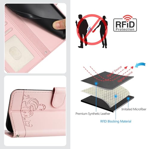 NVWA Phone Case for Motorola Edge 2023 / Edge 40 5G Emboss Cat PU Leather Wallet Cases RFID Protection 3 Credit Card Slot Kickstand Wrist Strap Crossbody Lanyard Pink