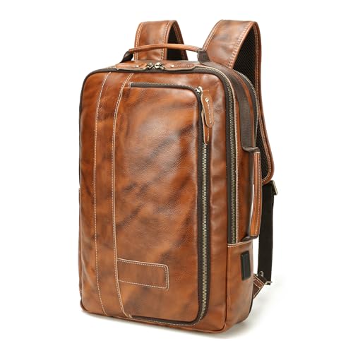 LANNSYNE Vegetable Tanned Leather Backpack for men, Expandable Leather Backpack Fits 15.6 Laptop, Tote Shoulder Travel Bag Rucksack