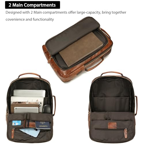 LANNSYNE Vegetable Tanned Leather Backpack for men, Expandable Leather Backpack Fits 15.6 Laptop, Tote Shoulder Travel Bag Rucksack