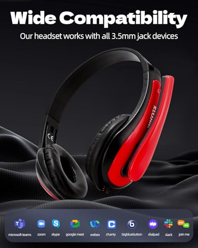 KLOJIM Wired Headphone for PC/Laptop - On-Ear Headphones with Mic, Adjustable Headband - 3.5mm Headphones for Computer/Cell Phones/Home/School (Red)