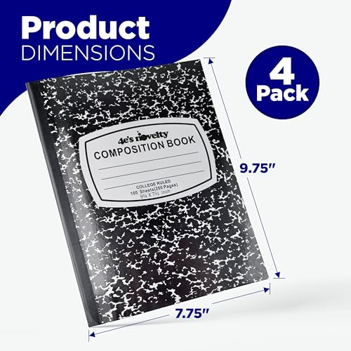 4E's Novelty College Ruled Composition Notebooks 4 Pack - Hard Cover 100 Sheets 9.75" x 7.5" for Notetaking, Black Marble Bulk Compositon Book, Back to School Supplies For Students Boys Girls & College by 4E’s Novelty