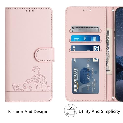 NVWA Phone Case for Motorola Edge 2023 / Edge 40 5G Emboss Cat PU Leather Wallet Cases RFID Protection 3 Credit Card Slot Kickstand Wrist Strap Crossbody Lanyard Pink