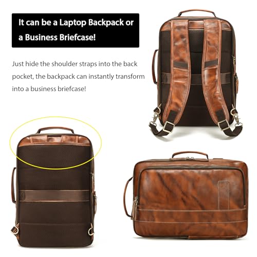 LANNSYNE Vegetable Tanned Leather Backpack for men, Expandable Leather Backpack Fits 15.6 Laptop, Tote Shoulder Travel Bag Rucksack