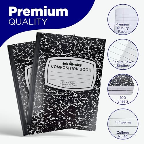 4E's Novelty College Ruled Composition Notebooks 4 Pack - Hard Cover 100 Sheets 9.75" x 7.5" for Notetaking, Black Marble Bulk Compositon Book, Back to School Supplies For Students Boys Girls & College by 4E’s Novelty