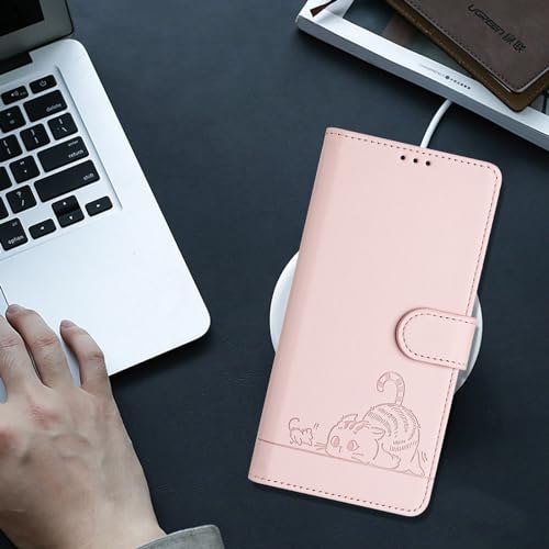 NVWA Phone Case for Motorola Edge 2023 / Edge 40 5G Emboss Cat PU Leather Wallet Cases RFID Protection 3 Credit Card Slot Kickstand Wrist Strap Crossbody Lanyard Pink