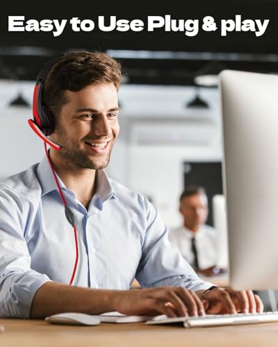 KLOJIM Wired Headphone for PC/Laptop - On-Ear Headphones with Mic, Adjustable Headband - 3.5mm Headphones for Computer/Cell Phones/Home/School (Red)