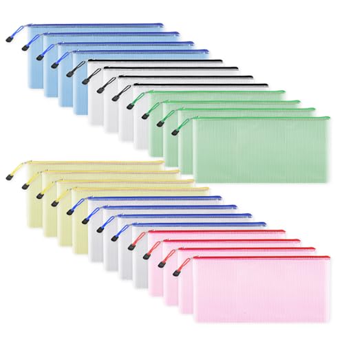 EOOUT 24pcs Plastic Mesh Zipper Pouch, 9 x 4.3in Pencil Pouches 6 Colors Waterproof Zipper Bags for Bill, Plastic Zipper Pouches for Travel School Home and Office Supplies Storage