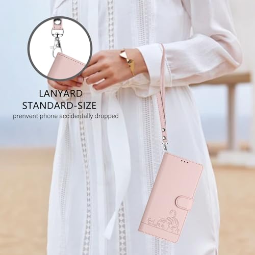 NVWA Phone Case for Motorola Edge 2023 / Edge 40 5G Emboss Cat PU Leather Wallet Cases RFID Protection 3 Credit Card Slot Kickstand Wrist Strap Crossbody Lanyard Pink