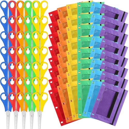 Kolldenn 96 Pieces Back to School Supply Kit Kids Scissors Bulk Binder Pencil Pouches Blunt Tip Student Scissors Pen Case With 3 Holes for Classroom Office Home Child School Operation Supplies