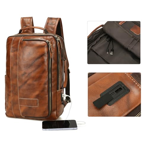 LANNSYNE Vegetable Tanned Leather Backpack for men, Expandable Leather Backpack Fits 15.6 Laptop, Tote Shoulder Travel Bag Rucksack