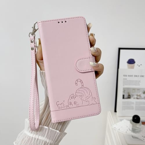 NVWA Phone Case for Motorola Edge 2023 / Edge 40 5G Emboss Cat PU Leather Wallet Cases RFID Protection 3 Credit Card Slot Kickstand Wrist Strap Crossbody Lanyard Pink